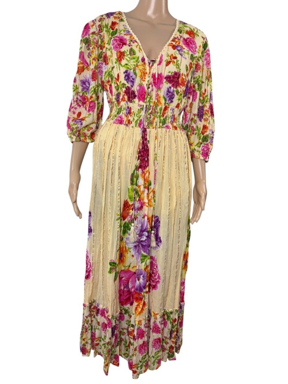 Anthropologie Me 2 Magic Floral Cream Boho Maxi Dress size L